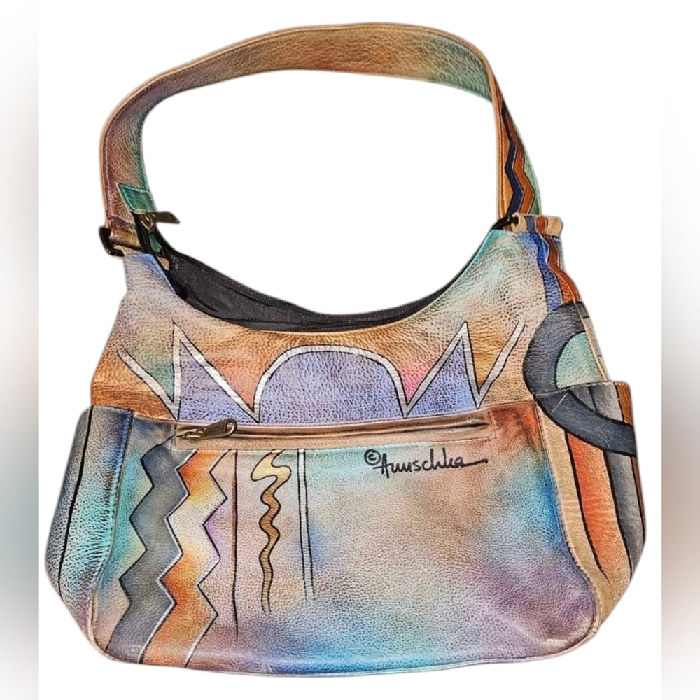 Vintage Anuschka Art Hand Painted Graffiti Hobo Knotted Genuine Leather Purse